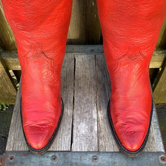 LARRY MAHAN VTG Ostrich Exotic Tall Knee High Red Painted Cowboy Western Boots - Picture 7 of 13